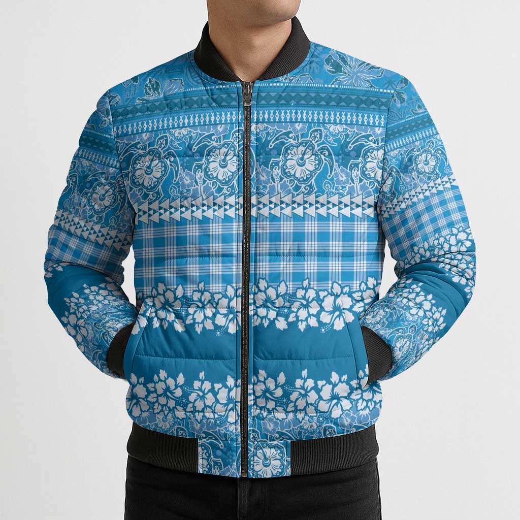 Hawaiian Hibiscus Honu Bomber Puffer Jacket Blue Mele Kalikimaka Palaka Spirit LT9 - Polynesian Pride