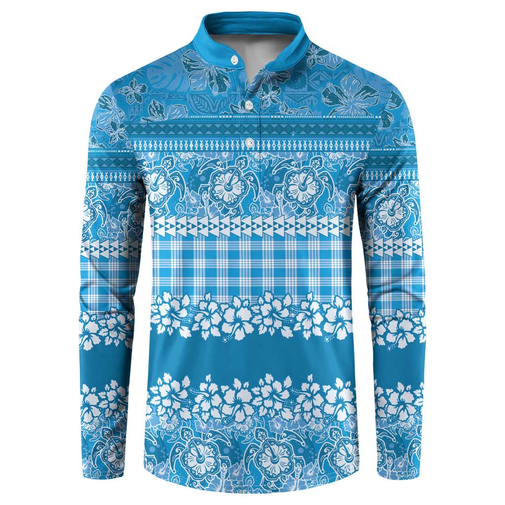 Hawaiian Hibiscus Honu Button Sweatshirt Blue Mele Kalikimaka Palaka Spirit - Polynesian Pride