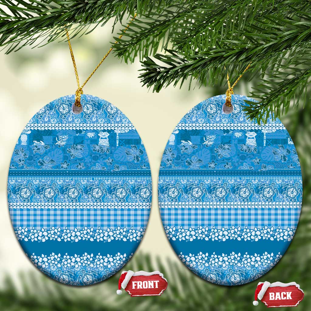 Hawaiian Hibiscus Honu Ceramic Ornament Blue Mele Kalikimaka Palaka Spirit - Polynesian Pride