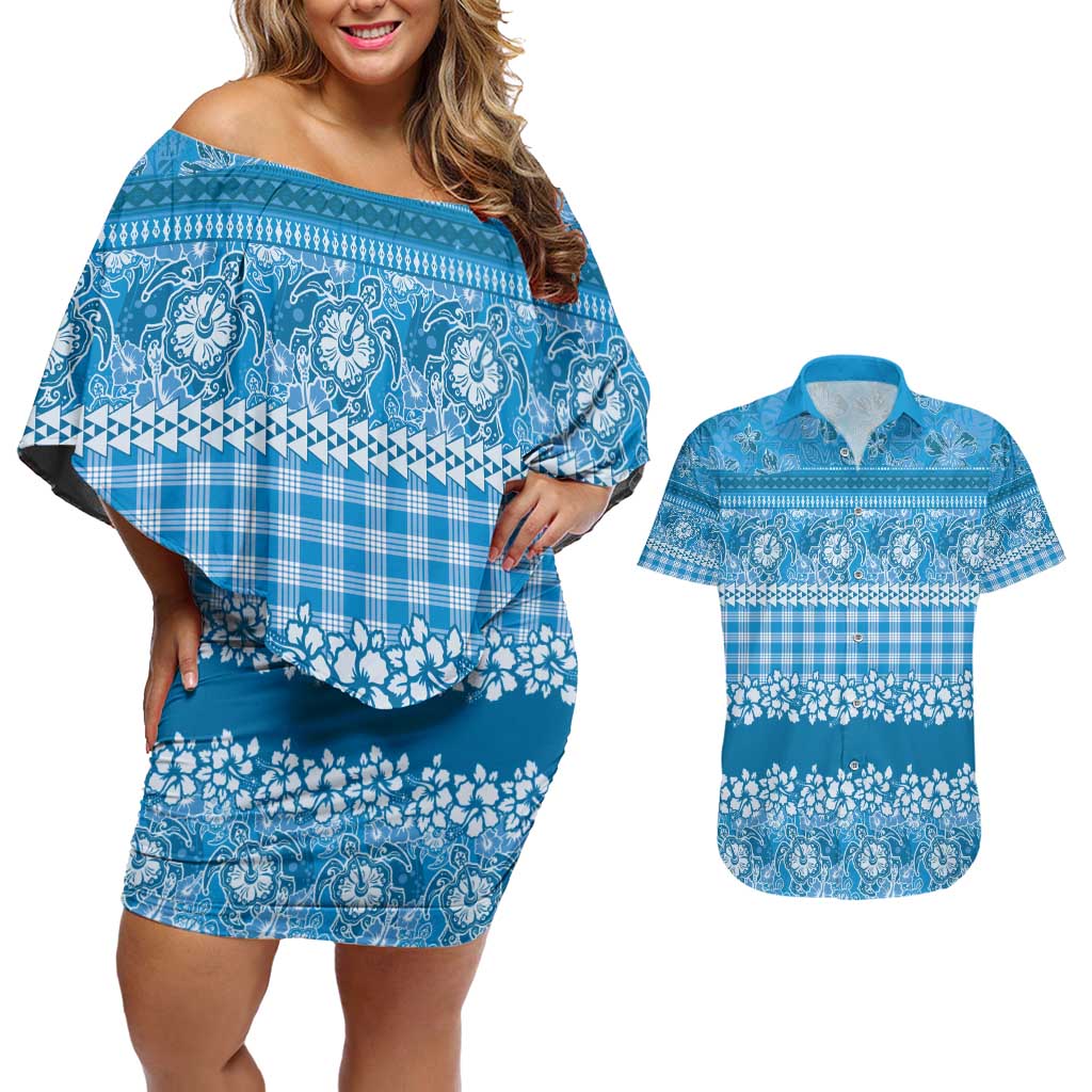 Hawaiian Hibiscus Honu Couples Matching Off Shoulder Short Dress and Hawaiian Shirt Blue Mele Kalikimaka Palaka Spirit - Polynesian Pride