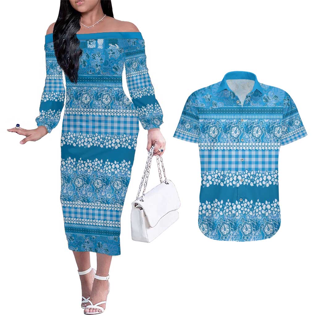 Hawaiian Hibiscus Honu Couples Matching Off The Shoulder Long Sleeve Dress and Hawaiian Shirt Blue Mele Kalikimaka Palaka Spirit - Polynesian Pride