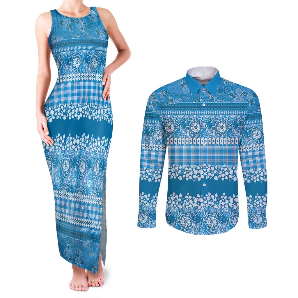 Hawaiian Hibiscus Honu Couples Matching Tank Maxi Dress and Long Sleeve Button Shirt Blue Mele Kalikimaka Palaka Spirit - Polynesian Pride