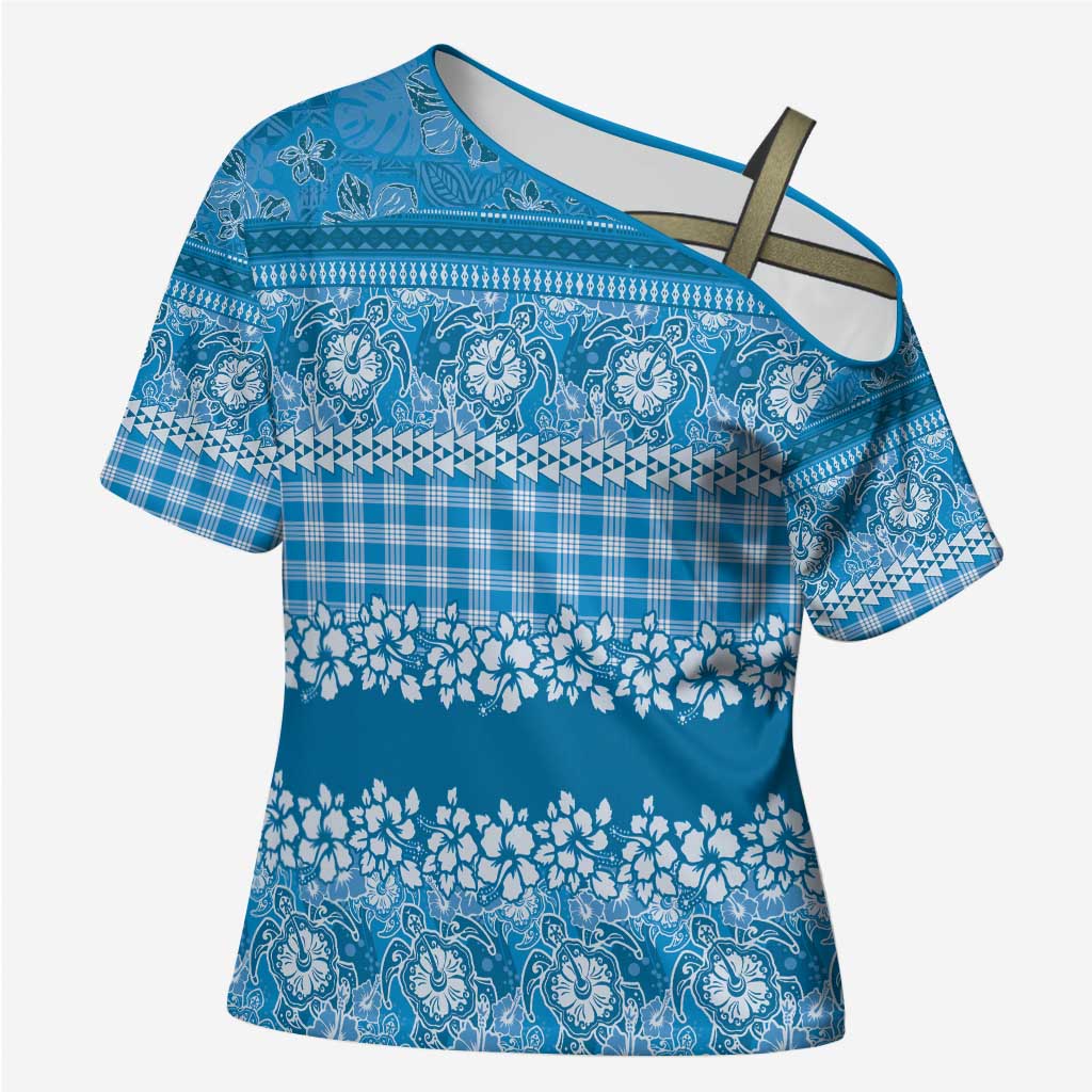 Hawaiian Hibiscus Honu Cross Shoulder Shirt Blue Mele Kalikimaka Palaka Spirit - Polynesian Pride