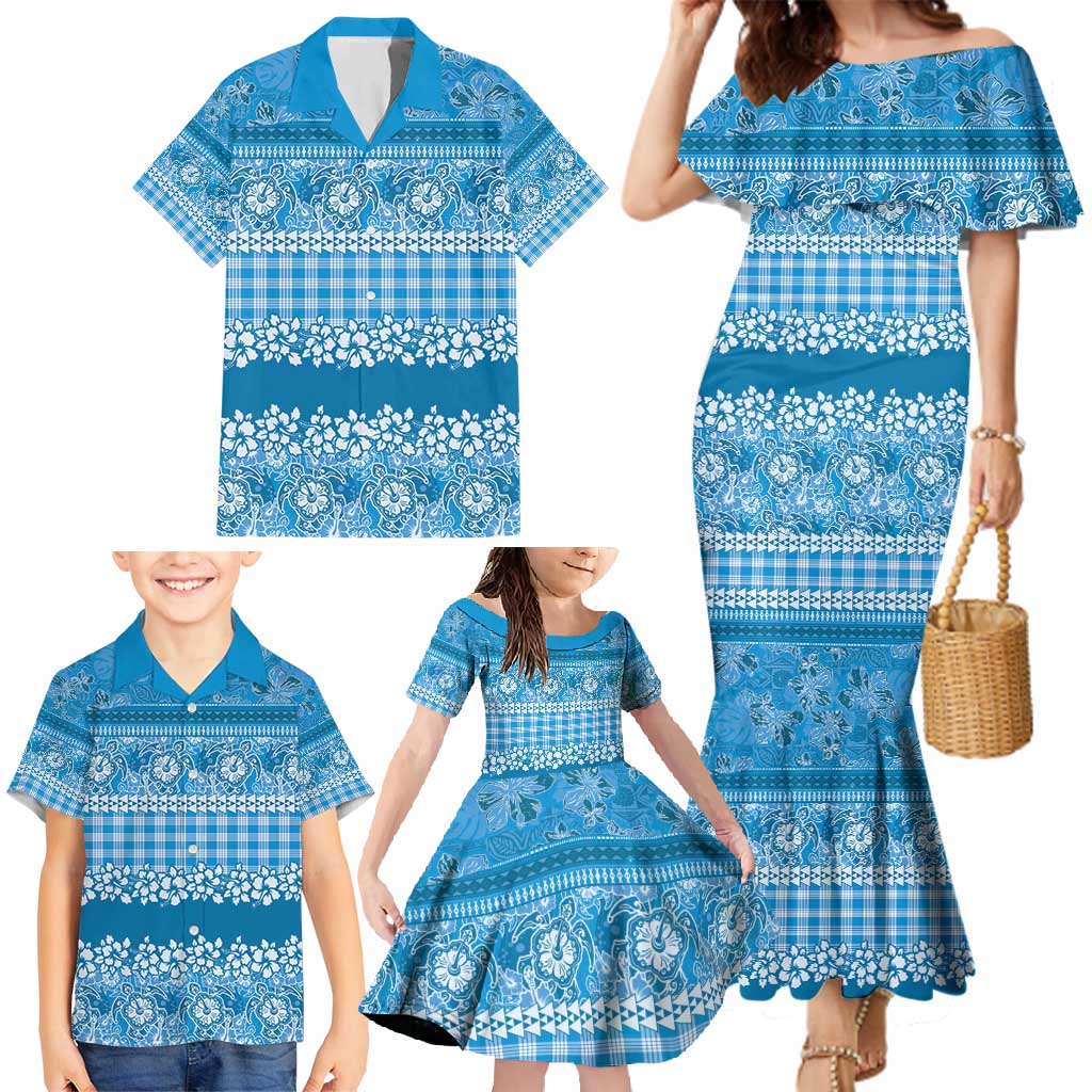 Hawaiian Hibiscus Honu Family Matching Mermaid Dress and Hawaiian Shirt Blue Mele Kalikimaka Palaka Spirit - Polynesian Pride