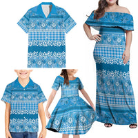 Hawaiian Hibiscus Honu Family Matching Off Shoulder Maxi Dress and Hawaiian Shirt Blue Mele Kalikimaka Palaka Spirit - Polynesian Pride