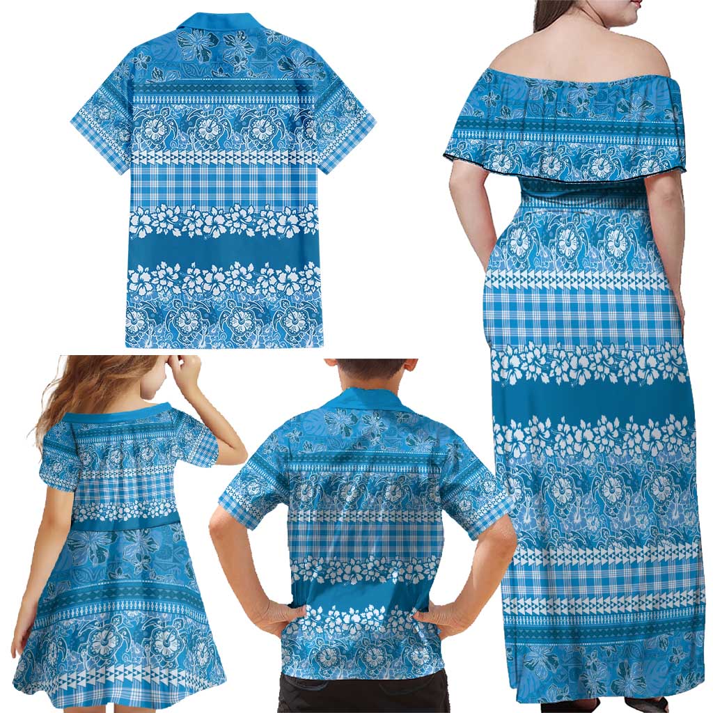 Hawaiian Hibiscus Honu Family Matching Off Shoulder Maxi Dress and Hawaiian Shirt Blue Mele Kalikimaka Palaka Spirit - Polynesian Pride