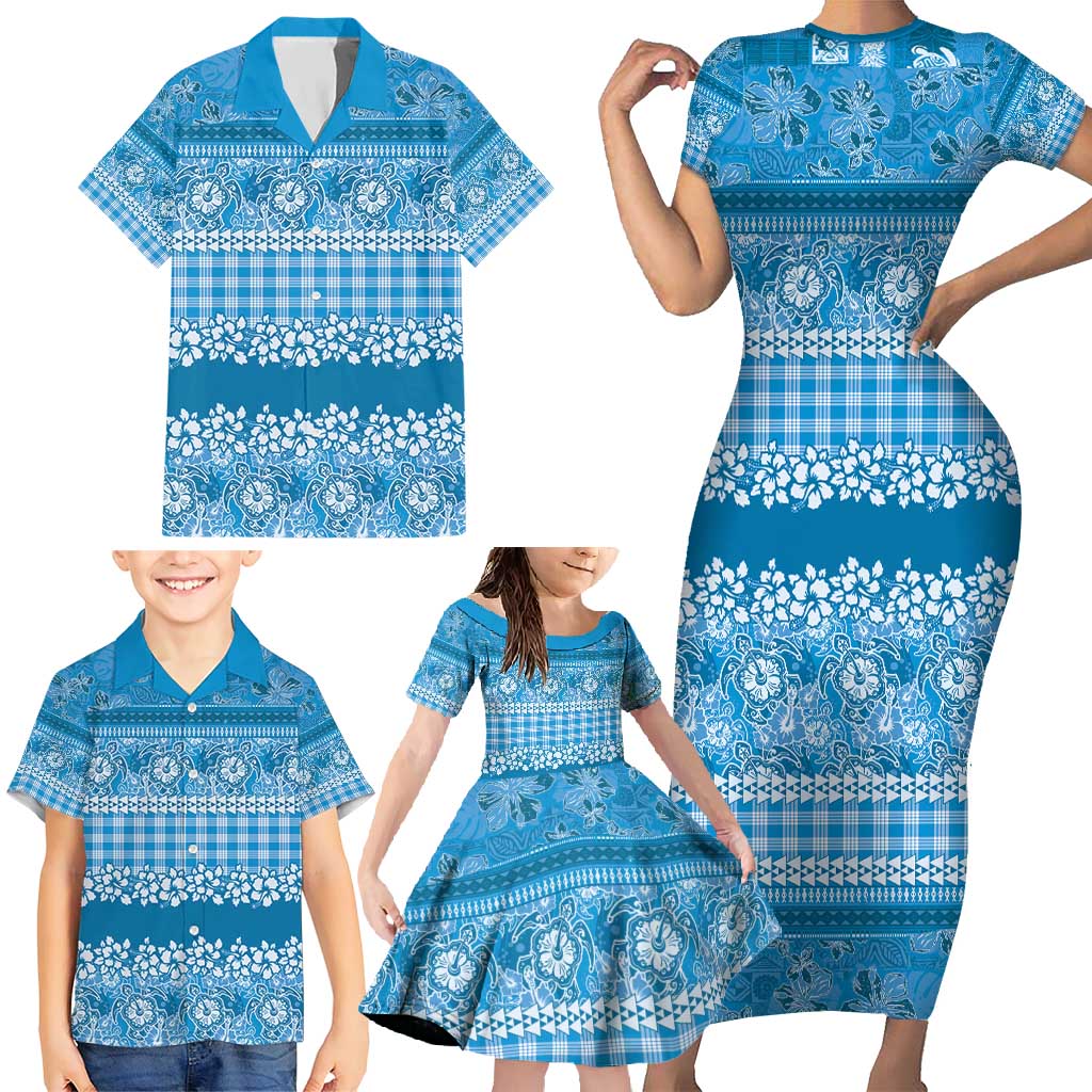 Hawaiian Hibiscus Honu Family Matching Short Sleeve Bodycon Dress and Hawaiian Shirt Blue Mele Kalikimaka Palaka Spirit - Polynesian Pride