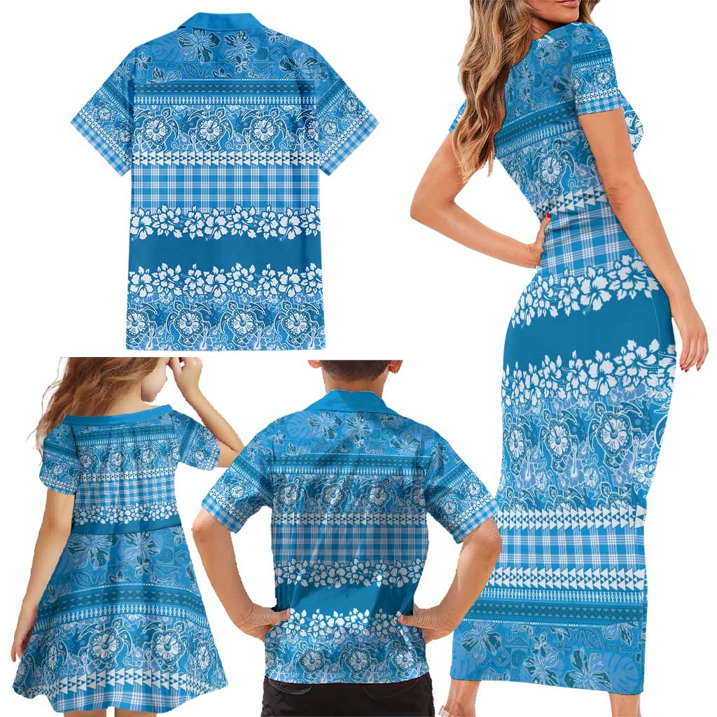 Hawaiian Hibiscus Honu Family Matching Short Sleeve Bodycon Dress and Hawaiian Shirt Blue Mele Kalikimaka Palaka Spirit - Polynesian Pride