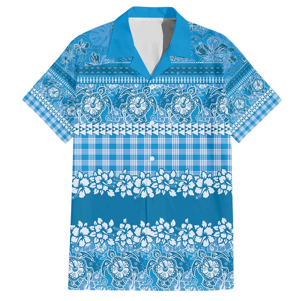 Hawaiian Hibiscus Honu Family Matching Short Sleeve Bodycon Dress and Hawaiian Shirt Blue Mele Kalikimaka Palaka Spirit - Polynesian Pride