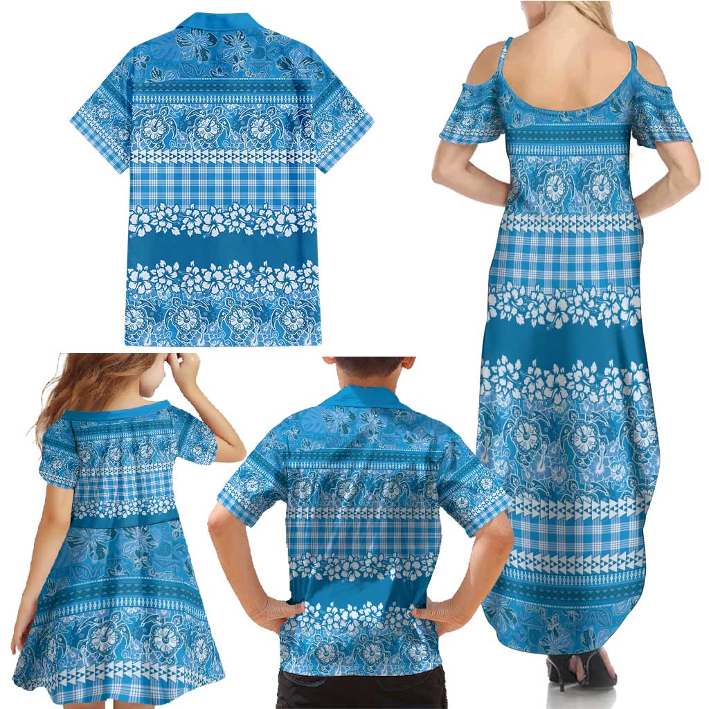Hawaiian Hibiscus Honu Family Matching Summer Maxi Dress and Hawaiian Shirt Blue Mele Kalikimaka Palaka Spirit - Polynesian Pride