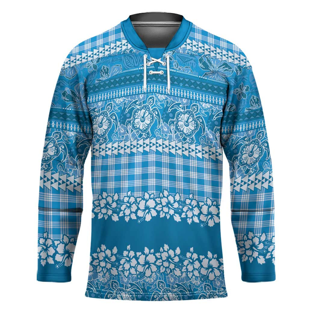 Hawaiian Hibiscus Honu Hockey Jersey Blue Mele Kalikimaka Palaka Spirit - Polynesian Pride