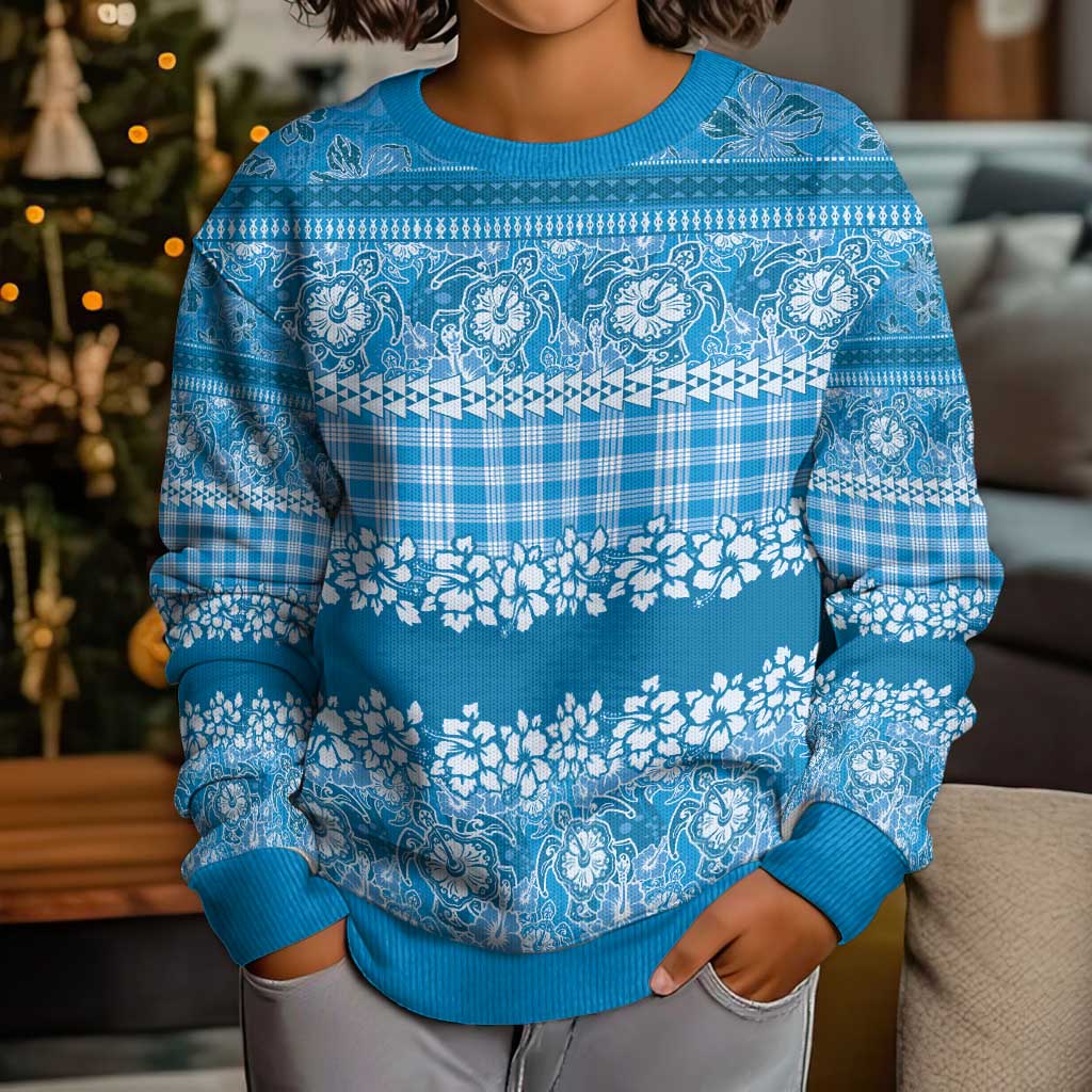Hawaiian Hibiscus Honu Kid Ugly Christmas Sweater Blue Mele Kalikimaka Palaka Spirit - Polynesian Pride