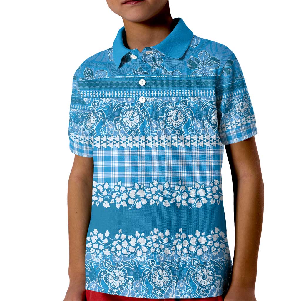 Hawaiian Hibiscus Honu Kid Polo Shirt Blue Mele Kalikimaka Palaka Spirit - Polynesian Pride
