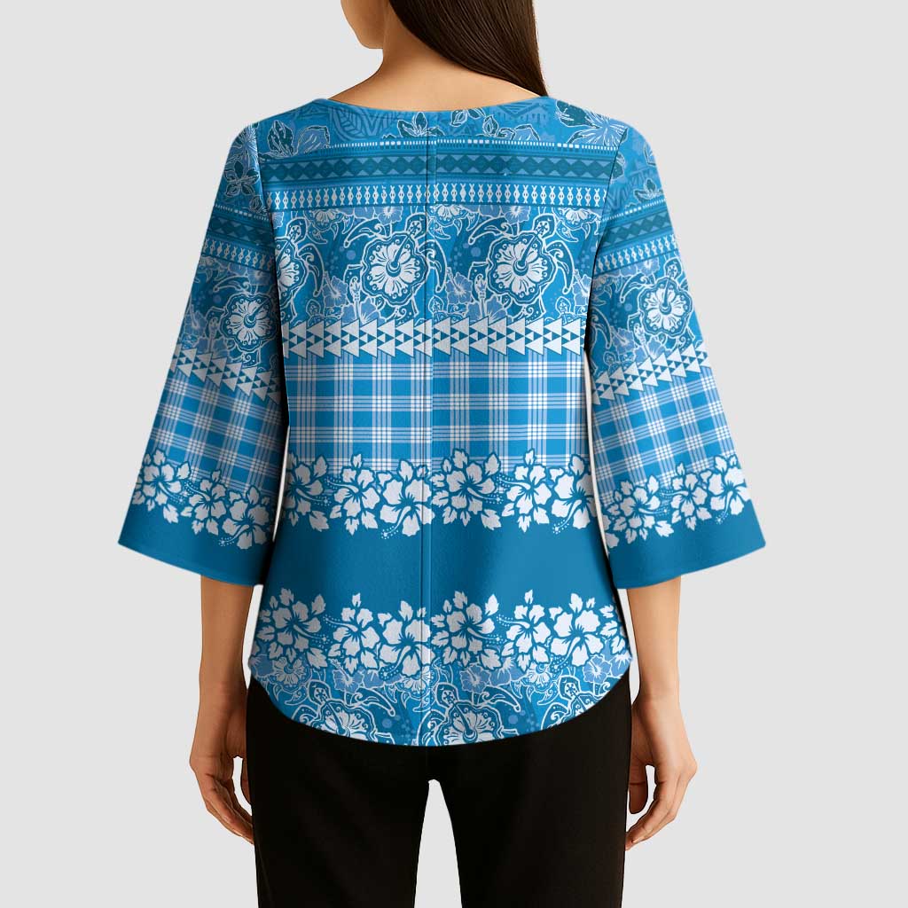 Hawaiian Hibiscus Honu Kimono Sleeve Blouse Blue Mele Kalikimaka Palaka Spirit - Polynesian Pride