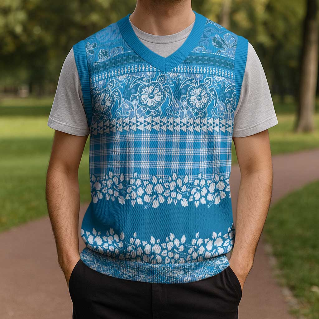 Hawaiian Hibiscus Honu Christmas Knitted V-Neck Vest Blue Mele Kalikimaka Palaka Spirit - Polynesian Pride