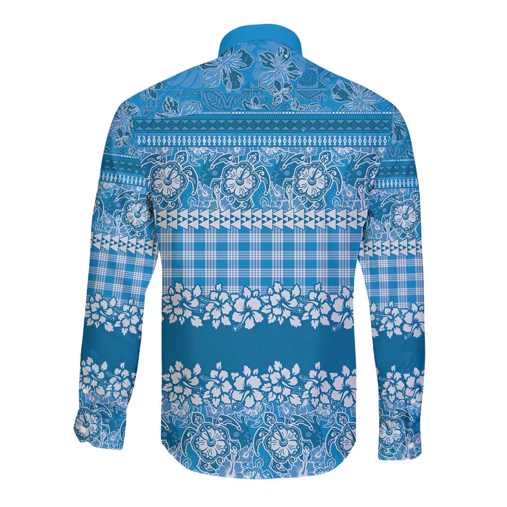 Hawaiian Hibiscus Honu Long Sleeve Button Shirt Blue Mele Kalikimaka Palaka Spirit - Polynesian Pride