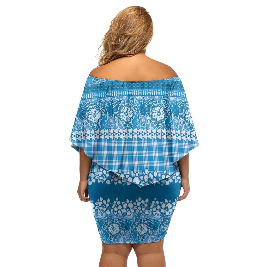 Hawaiian Hibiscus Honu Off Shoulder Short Dress Blue Mele Kalikimaka Palaka Spirit - Polynesian Pride