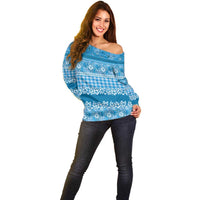 Hawaiian Hibiscus Honu Off Shoulder Sweater Blue Mele Kalikimaka Palaka Spirit - Polynesian Pride