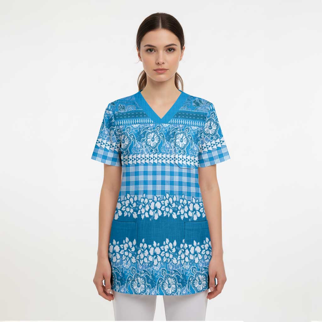 Hawaiian Hibiscus Honu Scrub Top Blue Mele Kalikimaka Palaka Spirit - Polynesian Pride