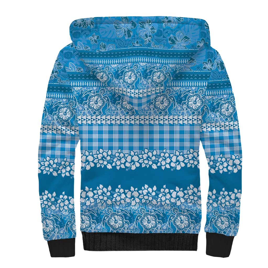 Hawaiian Hibiscus Honu Sherpa Hoodie Blue Mele Kalikimaka Palaka Spirit - Polynesian Pride