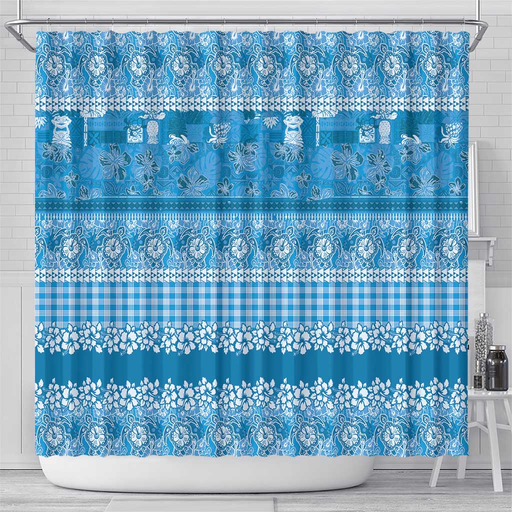 Hawaiian Hibiscus Honu Shower Curtain Blue Mele Kalikimaka Palaka Spirit - Polynesian Pride