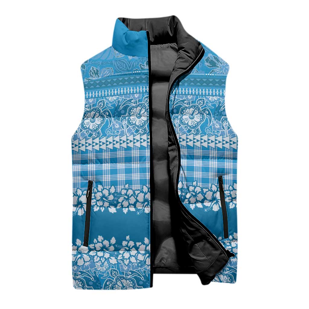 Hawaiian Hibiscus Honu Sleeveless Puffer Jacket Blue Mele Kalikimaka Palaka Spirit - Polynesian Pride