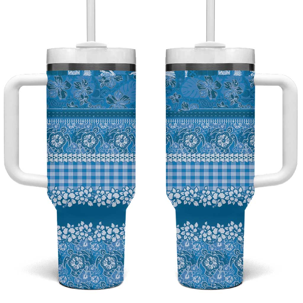 Hawaiian Hibiscus Honu Tumbler With Handle Blue Mele Kalikimaka Palaka Spirit - Polynesian Pride