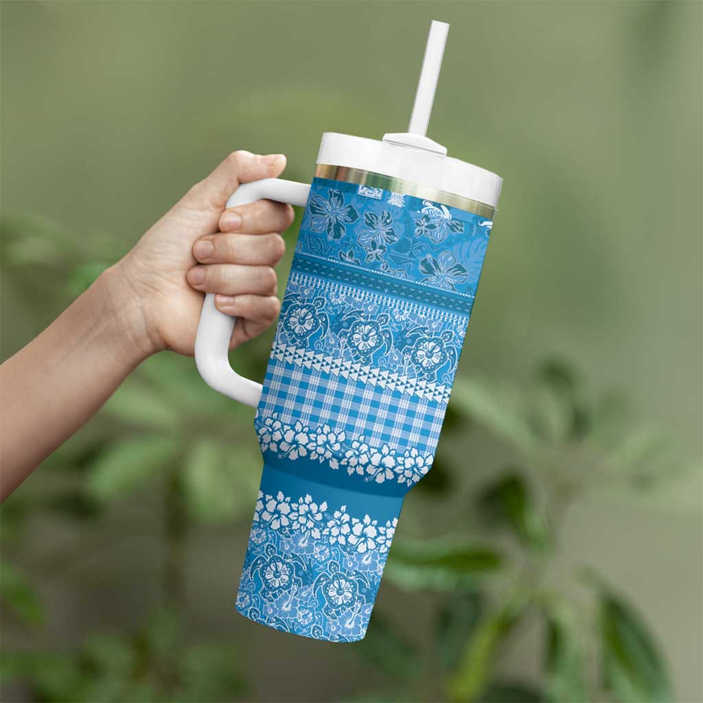 Hawaiian Hibiscus Honu Tumbler With Handle Blue Mele Kalikimaka Palaka Spirit - Polynesian Pride