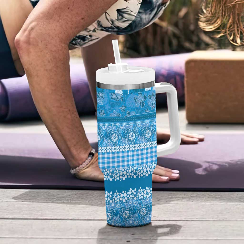 Hawaiian Hibiscus Honu Tumbler With Handle Blue Mele Kalikimaka Palaka Spirit - Polynesian Pride