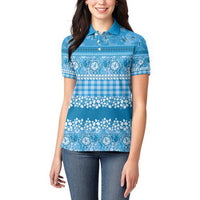Hawaiian Hibiscus Honu Women Polo Shirt Blue Mele Kalikimaka Palaka Spirit - Polynesian Pride