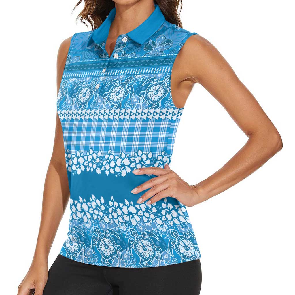 Hawaiian Hibiscus Honu Women Sleeveless Polo Shirt Blue Mele Kalikimaka Palaka Spirit - Polynesian Pride