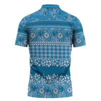 Hawaiian Hibiscus Honu Zipper Polo Shirt Blue Mele Kalikimaka Palaka Spirit - Polynesian Pride