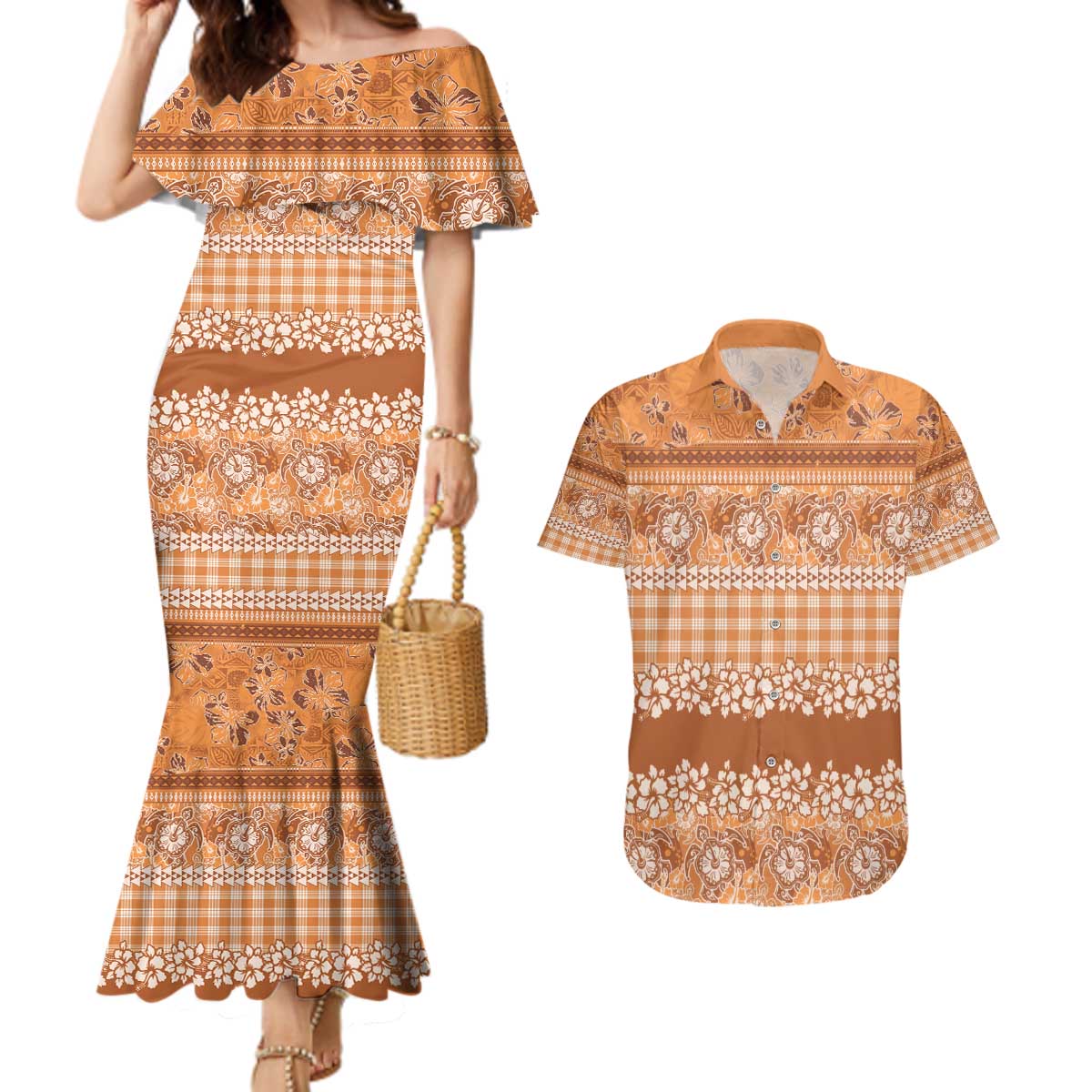 Hawaiian Hibiscus Honu Couples Matching Mermaid Dress and Hawaiian Shirt Gold Mele Kalikimaka Palaka Spirit - Polynesian Pride