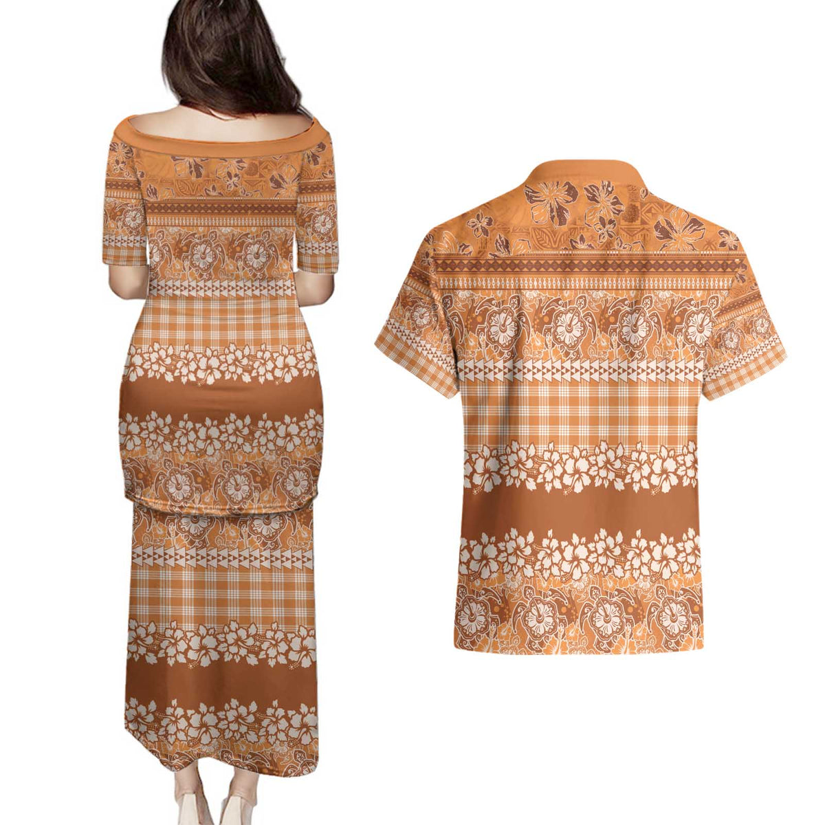 Hawaiian Hibiscus Honu Couples Matching Puletasi and Hawaiian Shirt Gold Mele Kalikimaka Palaka Spirit - Polynesian Pride