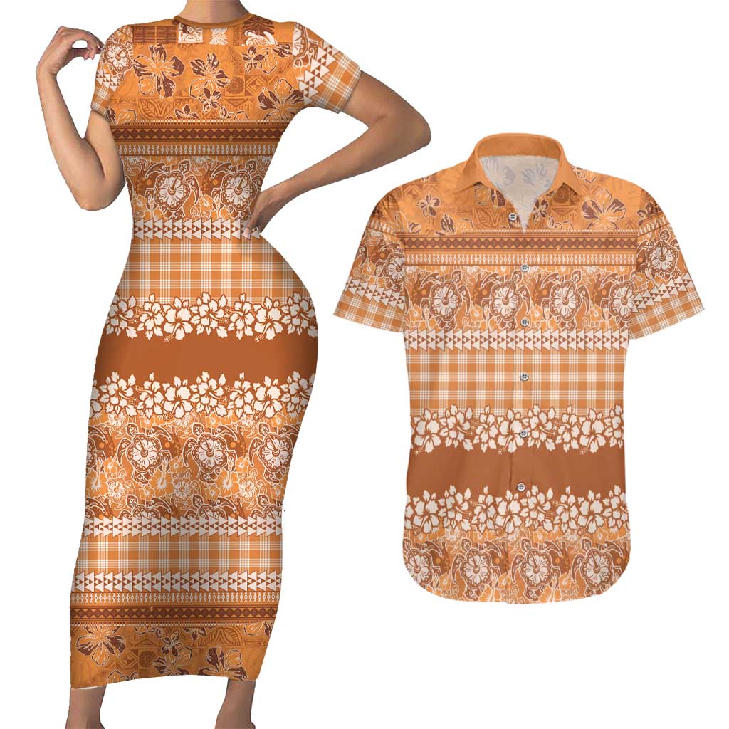 Hawaiian Hibiscus Honu Couples Matching Short Sleeve Bodycon Dress and Hawaiian Shirt Gold Mele Kalikimaka Palaka Spirit LT9 Gold - Polynesian Pride