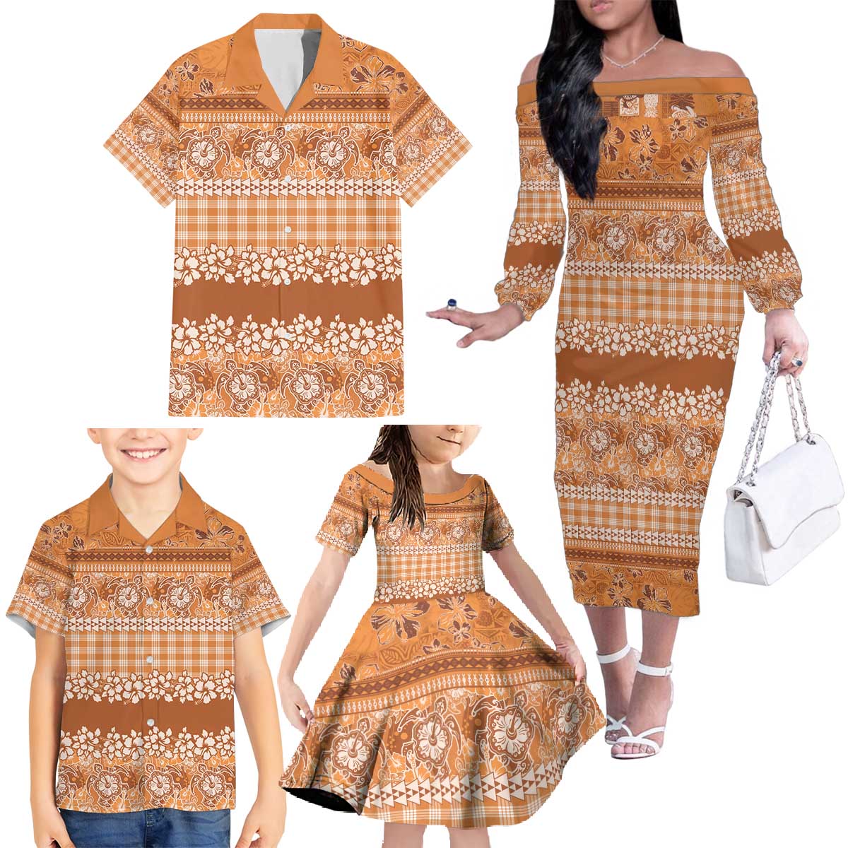 Hawaiian Hibiscus Honu Family Matching Off The Shoulder Long Sleeve Dress and Hawaiian Shirt Gold Mele Kalikimaka Palaka Spirit - Polynesian Pride
