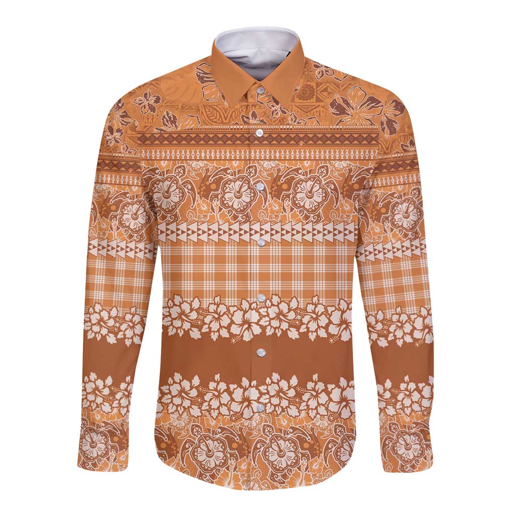 Hawaiian Hibiscus Honu Long Sleeve Button Shirt Gold Mele Kalikimaka Palaka Spirit - Polynesian Pride