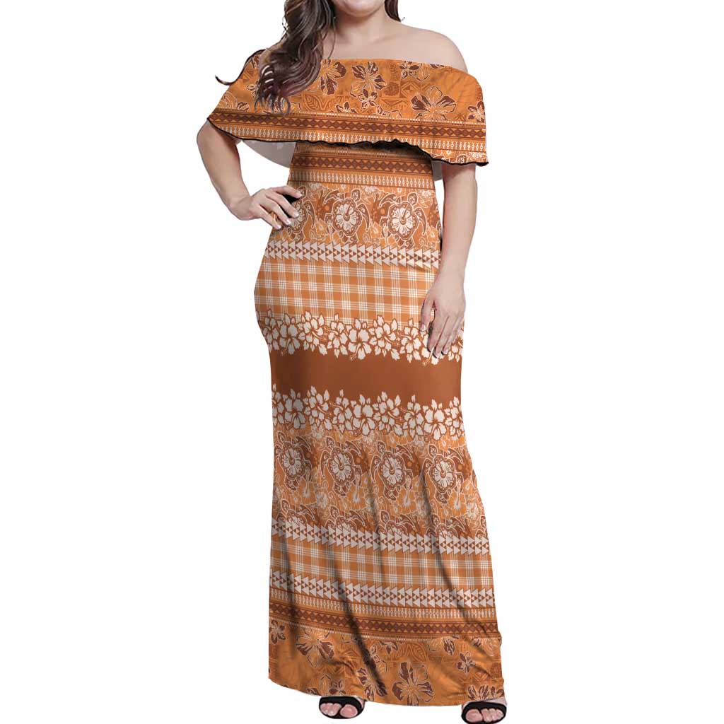Hawaiian Hibiscus Honu Off Shoulder Maxi Dress Gold Mele Kalikimaka Palaka Spirit - Polynesian Pride