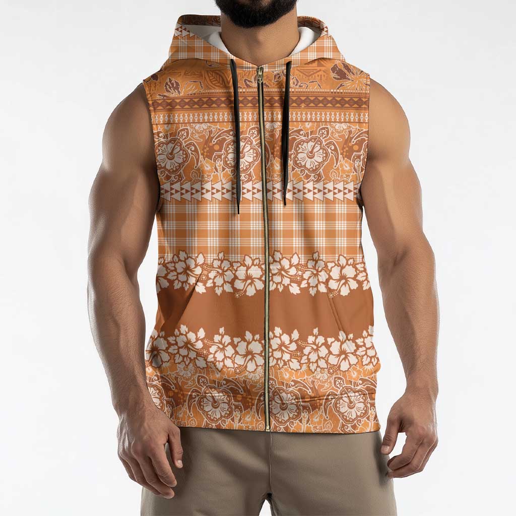 Hawaiian Hibiscus Honu Sleeveless Zip Hoodie Gold Mele Kalikimaka Palaka Spirit - Polynesian Pride