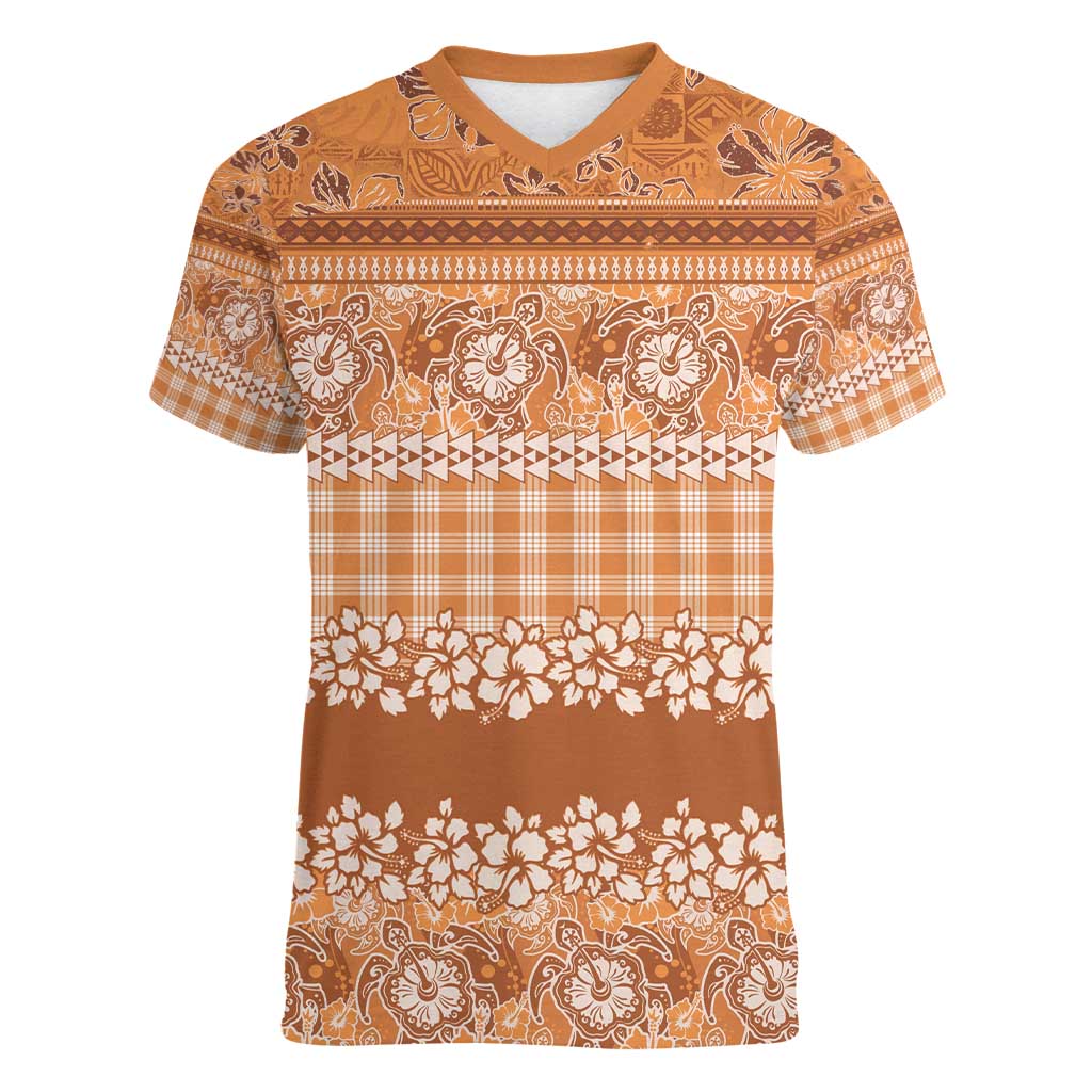 Hawaiian Hibiscus Honu Women V-Neck T-Shirt Gold Mele Kalikimaka Palaka Spirit - Polynesian Pride