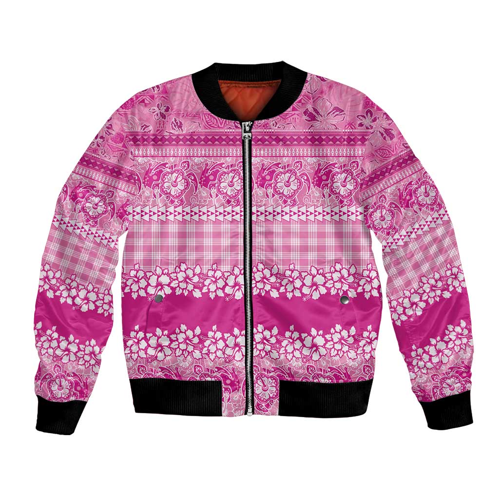 Hawaiian Hibiscus Honu Bomber Jacket Pink Mele Kalikimaka Palaka Spirit - Polynesian Pride