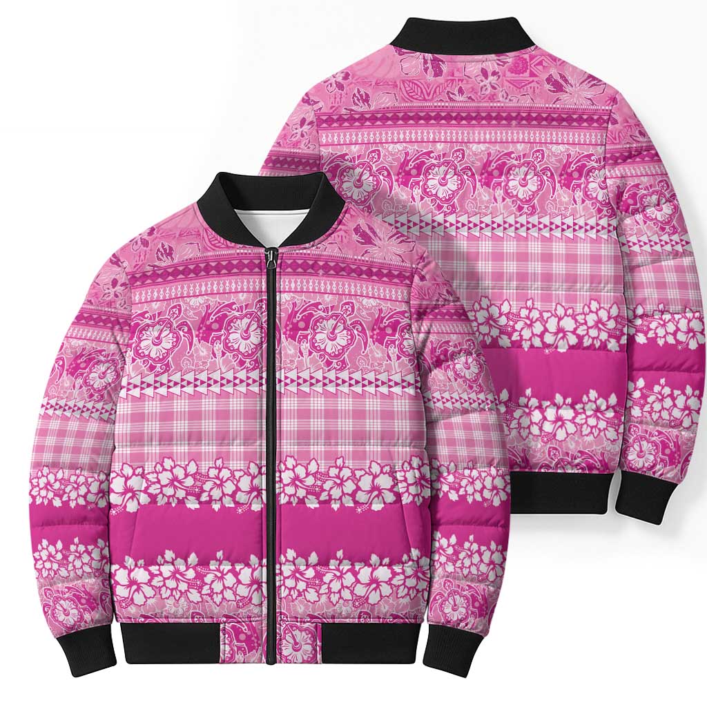 Hawaiian Hibiscus Honu Bomber Puffer Jacket Pink Mele Kalikimaka Palaka Spirit - Polynesian Pride