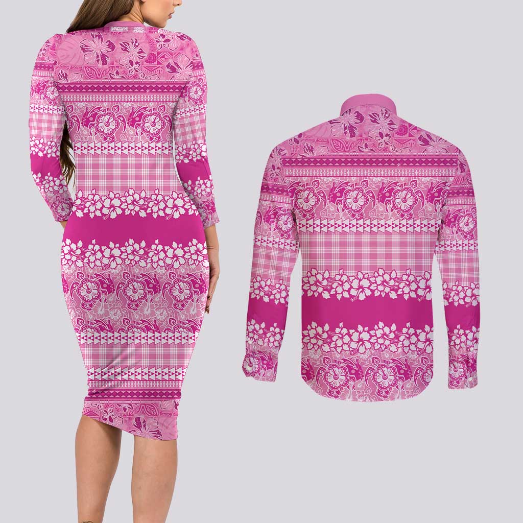 Hawaiian Hibiscus Honu Couples Matching Long Sleeve Bodycon Dress and Long Sleeve Button Shirt Pink Mele Kalikimaka Palaka Spirit - Polynesian Pride