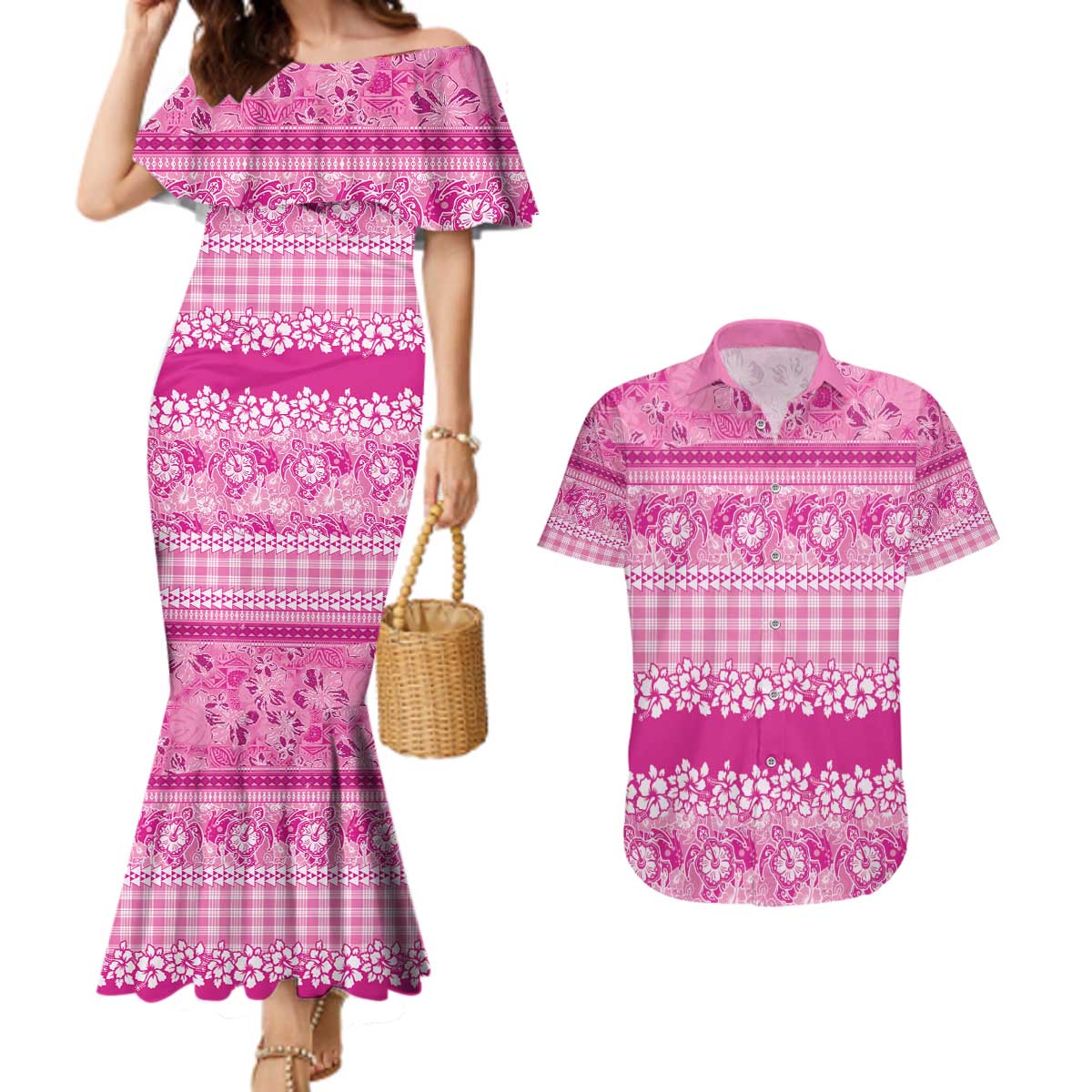 Hawaiian Hibiscus Honu Couples Matching Mermaid Dress and Hawaiian Shirt Pink Mele Kalikimaka Palaka Spirit - Polynesian Pride
