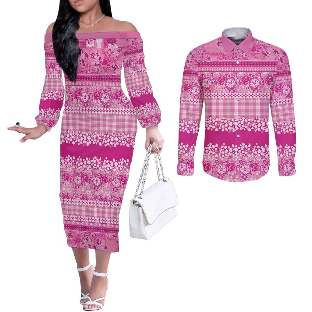 Hawaiian Hibiscus Honu Couples Matching Off The Shoulder Long Sleeve Dress and Long Sleeve Button Shirt Pink Mele Kalikimaka Palaka Spirit - Polynesian Pride
