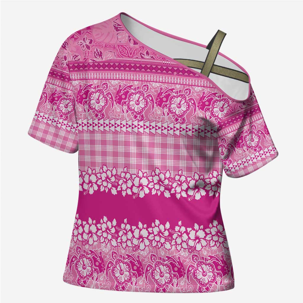 Hawaiian Hibiscus Honu Cross Shoulder Shirt Pink Mele Kalikimaka Palaka Spirit - Polynesian Pride
