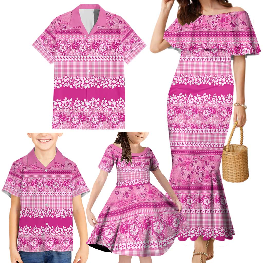 Hawaiian Hibiscus Honu Family Matching Mermaid Dress and Hawaiian Shirt Pink Mele Kalikimaka Palaka Spirit - Polynesian Pride