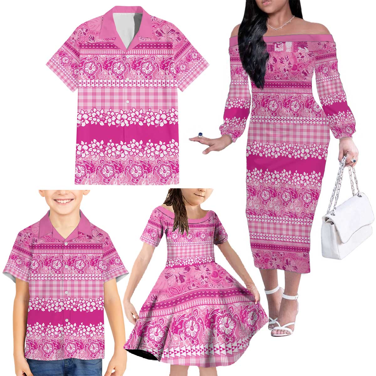Hawaiian Hibiscus Honu Family Matching Off The Shoulder Long Sleeve Dress and Hawaiian Shirt Pink Mele Kalikimaka Palaka Spirit - Polynesian Pride