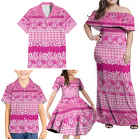 Hawaiian Hibiscus Honu Family Matching Off Shoulder Maxi Dress and Hawaiian Shirt Pink Mele Kalikimaka Palaka Spirit - Polynesian Pride