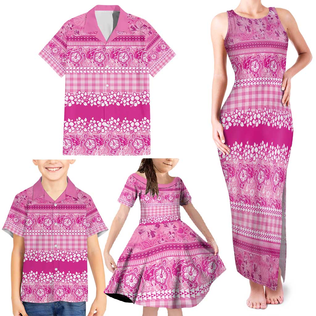 Hawaiian Hibiscus Honu Family Matching Tank Maxi Dress and Hawaiian Shirt Pink Mele Kalikimaka Palaka Spirit - Polynesian Pride